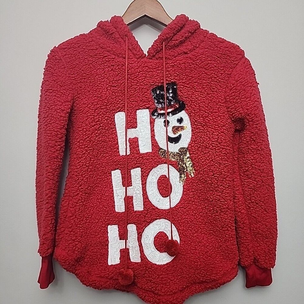 Chance or Fate Fuzzy Christmas Ho Ho‎ Ho Snowman Hoodie Sweatshirt Size XS Red